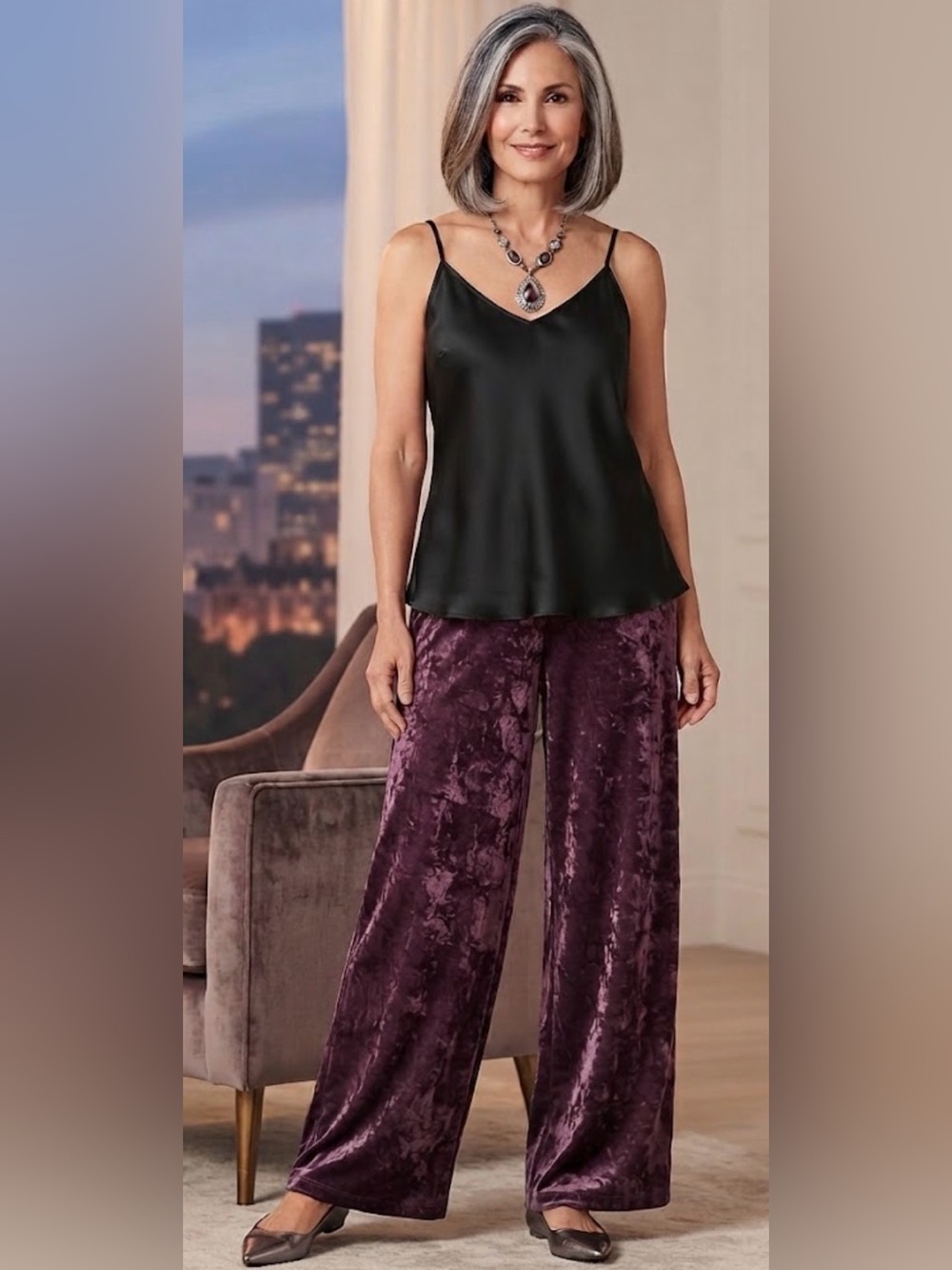 Chico's Purple Crushed Velvet Pull On Wide Leg Pants Pockets Size 2P US LP